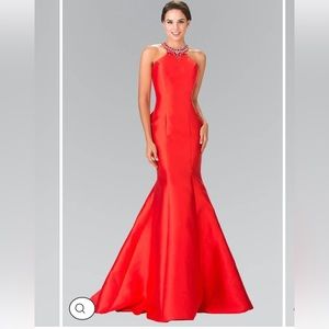 Long Red Mermaid Style Dress: High bejeweled neck, open back with bow